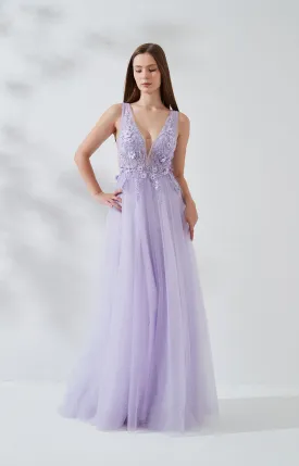 A-line Wide Shoulder Straps 3D Floral Embroidered Sequin Prom Dress