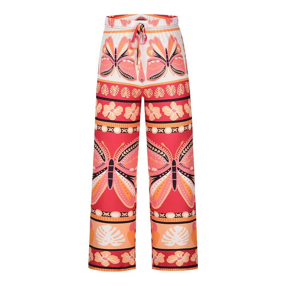 Butter Fly Print Elastic Waist Drawstring Long Pants
