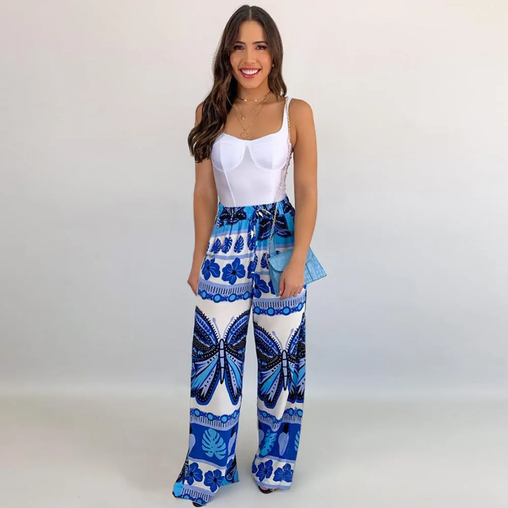 Butter Fly Print Elastic Waist Drawstring Long Pants
