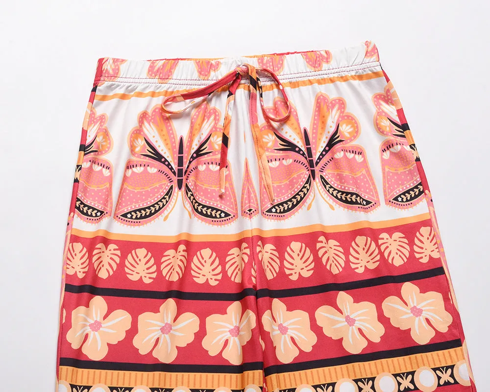 Butter Fly Print Elastic Waist Drawstring Long Pants