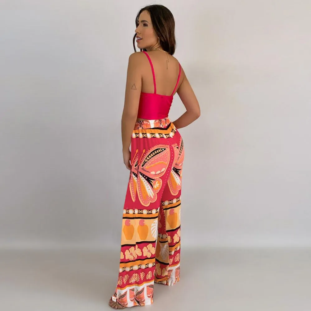 Butter Fly Print Elastic Waist Drawstring Long Pants