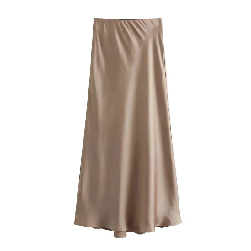 Elegant High-Waisted Satin Midi Skirt