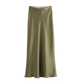 Elegant High-Waisted Satin Midi Skirt
