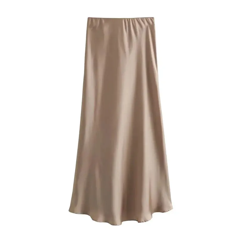 Elegant High-Waisted Satin Midi Skirt