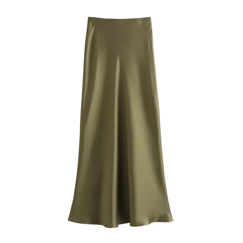 Elegant High-Waisted Satin Midi Skirt