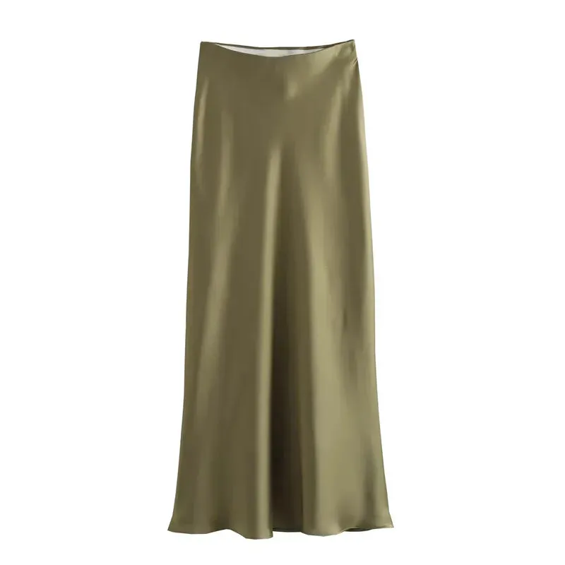 Elegant High-Waisted Satin Midi Skirt