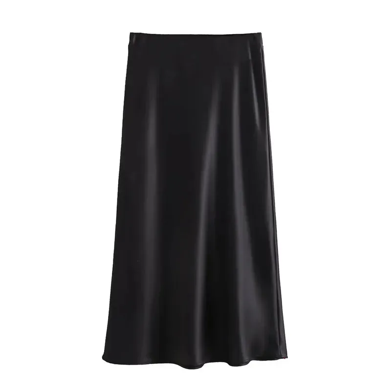Elegant High-Waisted Satin Midi Skirt