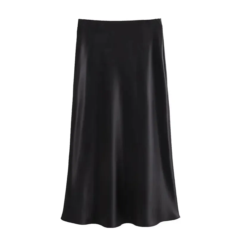 Elegant High-Waisted Satin Midi Skirt