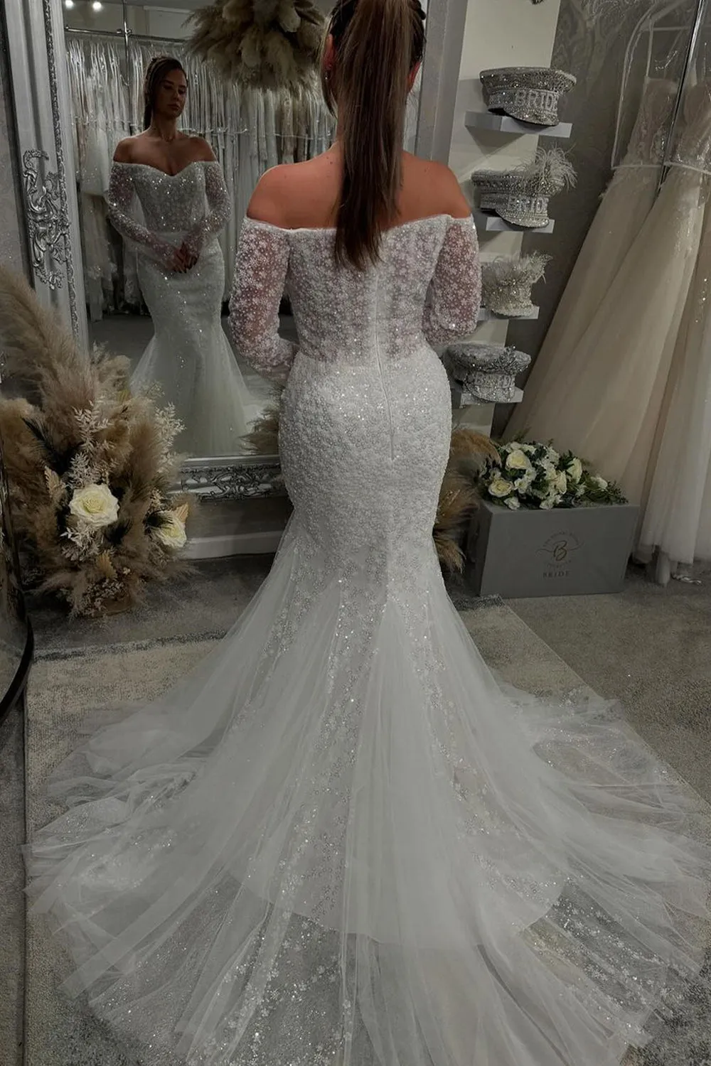 Gorgeous Mermaid Off the Shoulder Sequins Lace Wedding Dresses with Sleeves