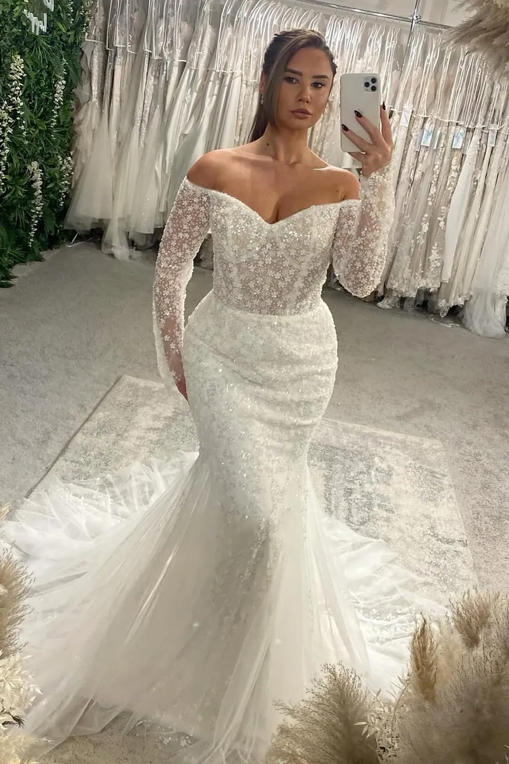 Gorgeous Mermaid Off the Shoulder Sequins Lace Wedding Dresses with Sleeves