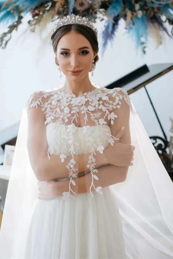 Kateprom Chic A line Ivory Tulle Applique Court Train Rustic Wedding Dress KPW0654
