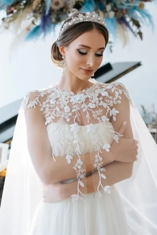 Kateprom Chic A line Ivory Tulle Applique Court Train Rustic Wedding Dress KPW0654