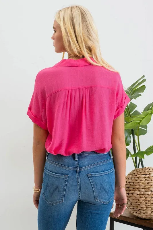 Keep It Casual Fuchsia Button Up Top