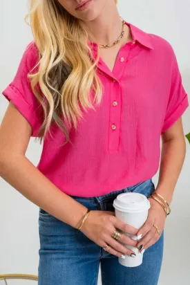 Keep It Casual Fuchsia Button Up Top