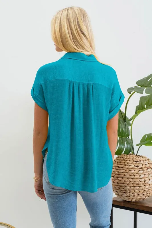 Keep It Casual Teal Button Up Top