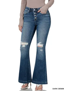 Mid Rise Distressed Button Fly Flare Denim