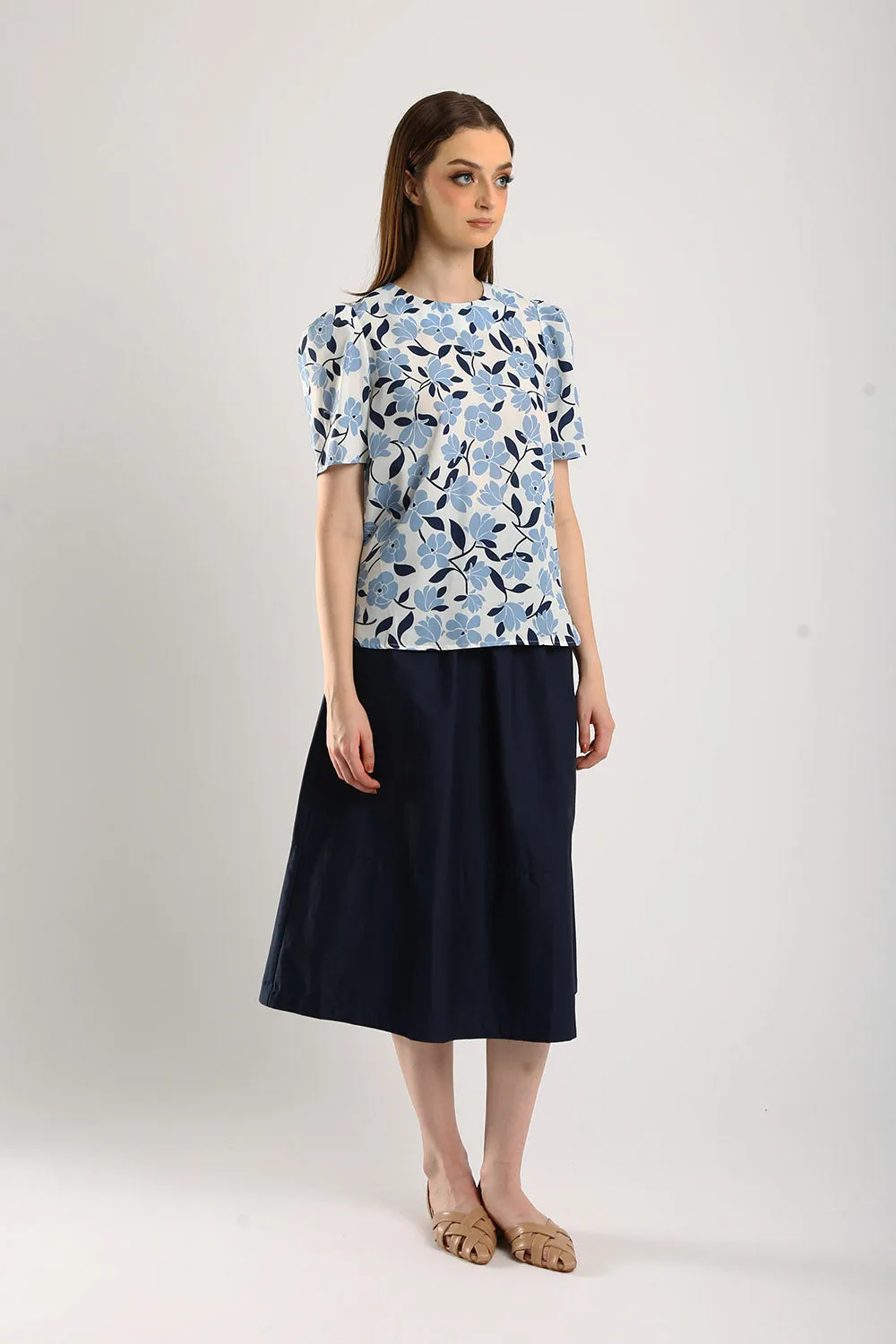 Naura Cotton Elasticized Waistband A-Line Skirts in Navy Blue