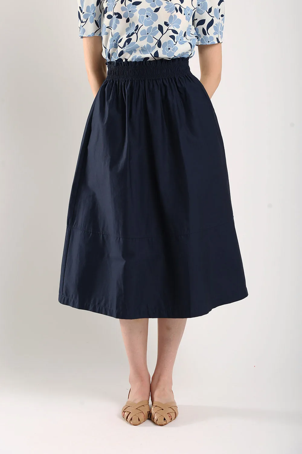 Naura Cotton Elasticized Waistband A-Line Skirts in Navy Blue