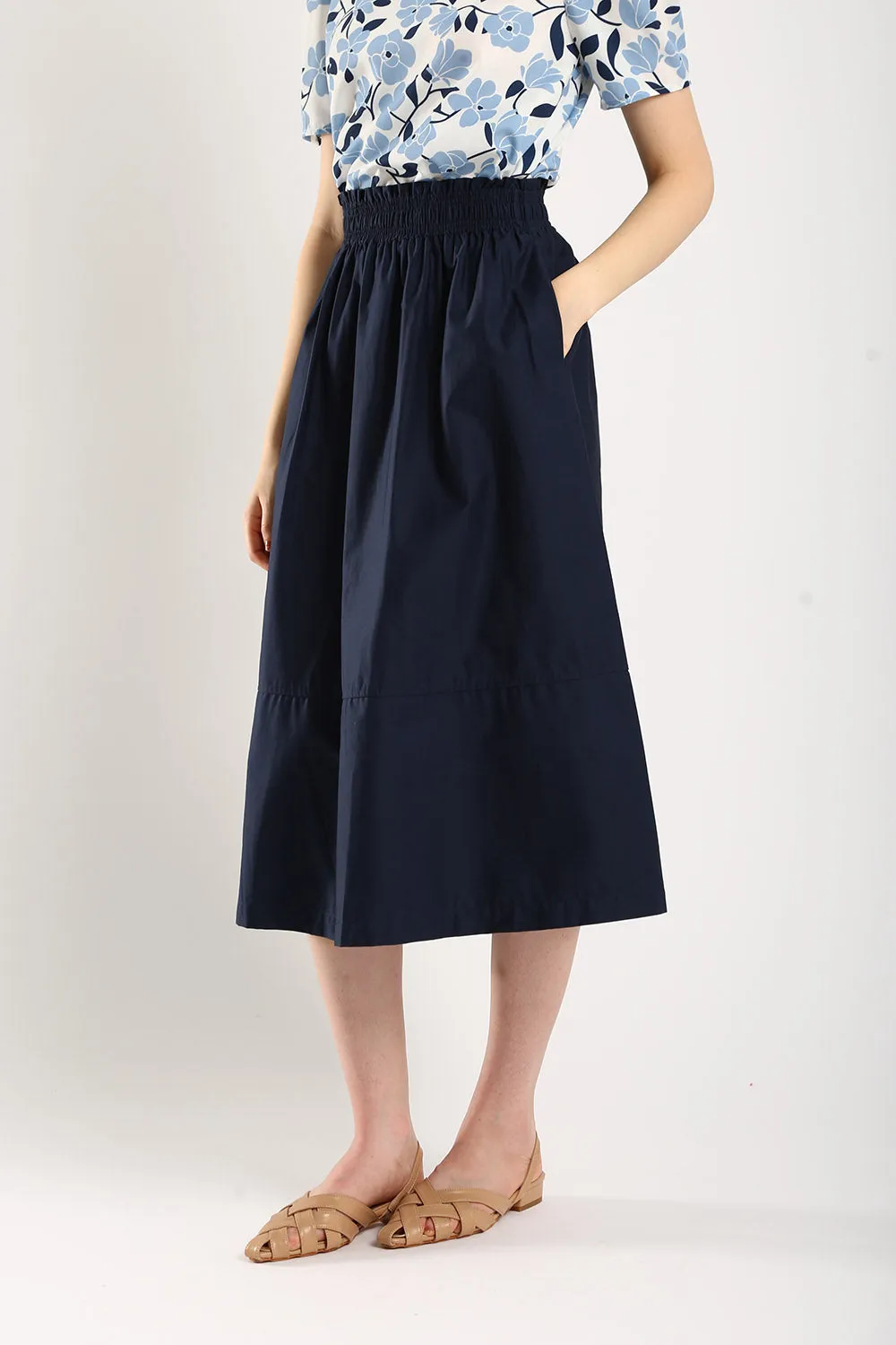 Naura Cotton Elasticized Waistband A-Line Skirts in Navy Blue