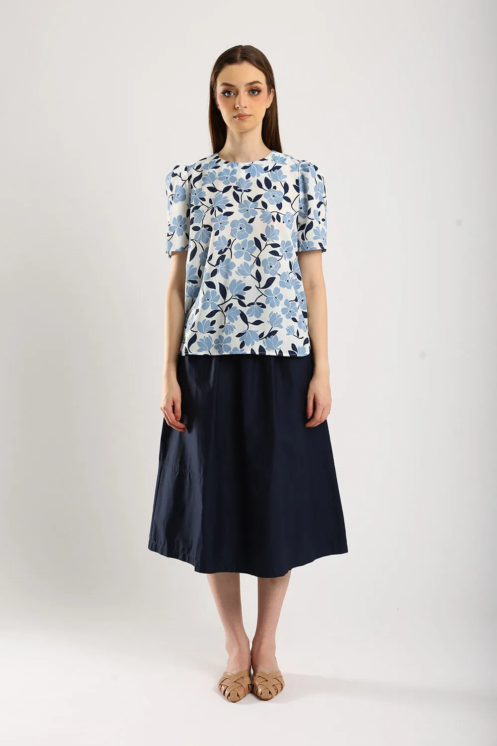 Naura Cotton Elasticized Waistband A-Line Skirts in Navy Blue