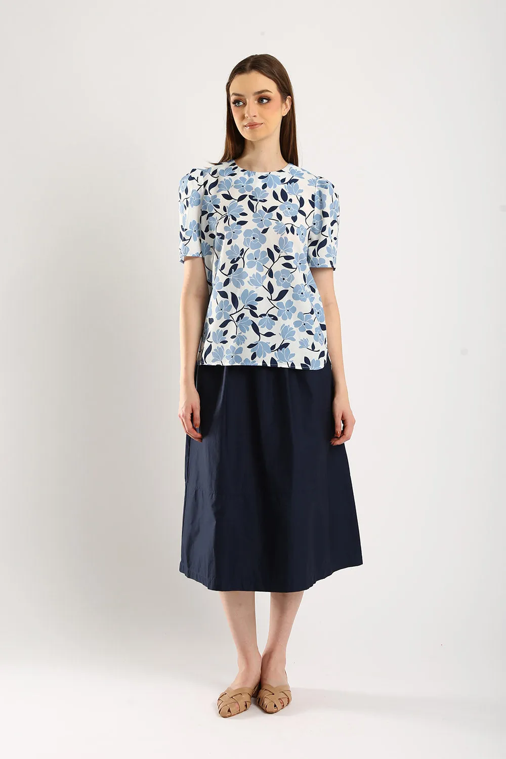 Naura Cotton Elasticized Waistband A-Line Skirts in Navy Blue