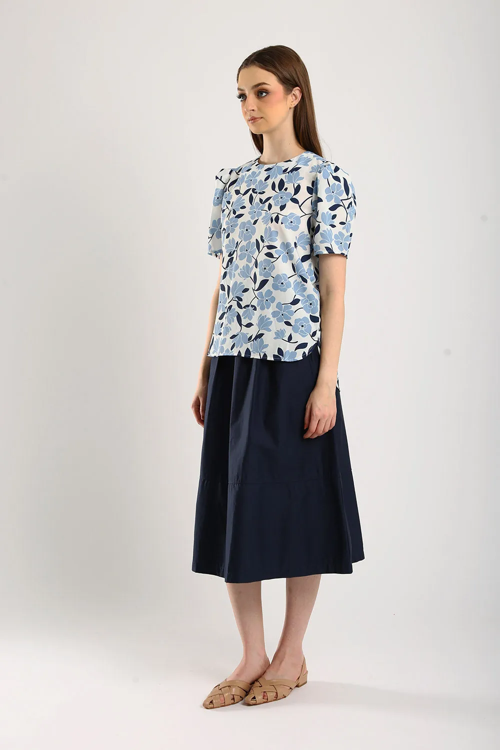 Naura Cotton Elasticized Waistband A-Line Skirts in Navy Blue