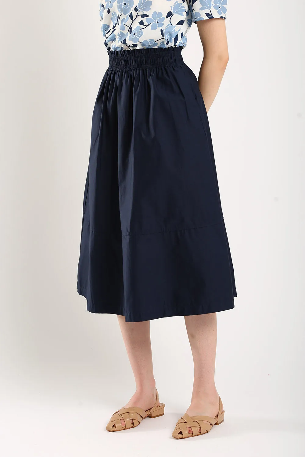 Naura Cotton Elasticized Waistband A-Line Skirts in Navy Blue