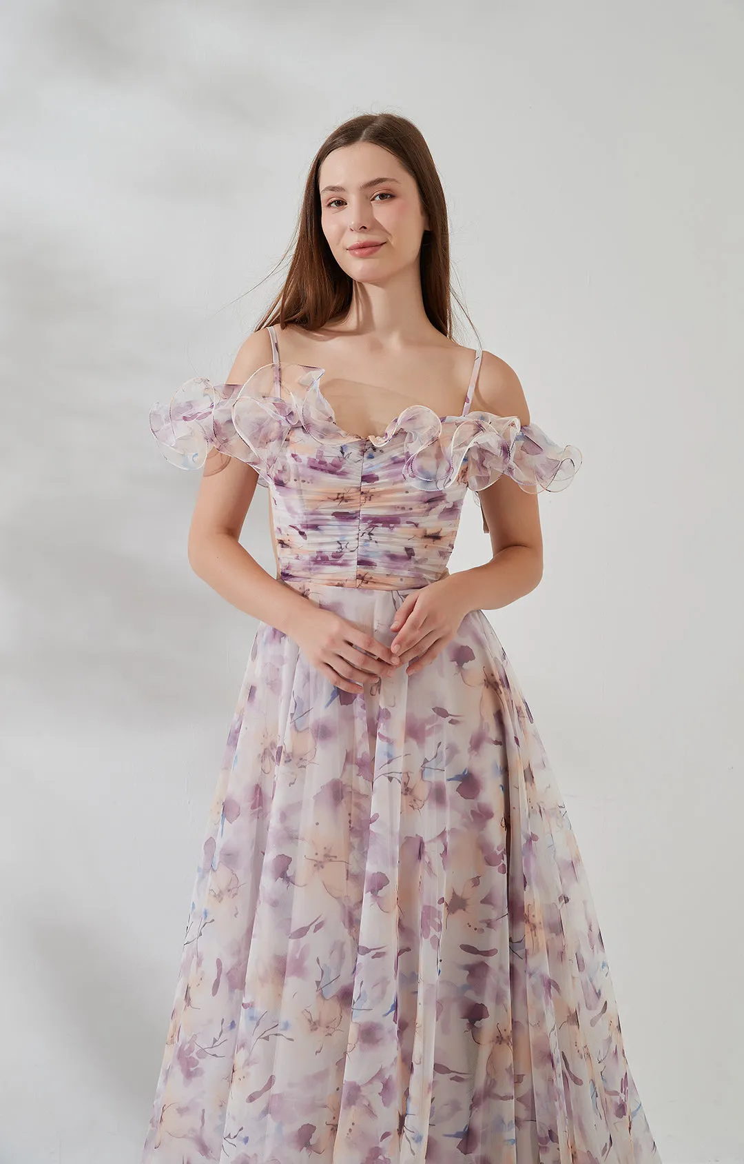 Off-shoulder Ruffle-trim Spaghetti Straps Sheer Side A-line Floral Print Dress
