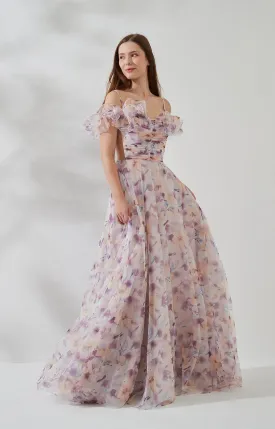 Off-shoulder Ruffle-trim Spaghetti Straps Sheer Side A-line Floral Print Dress