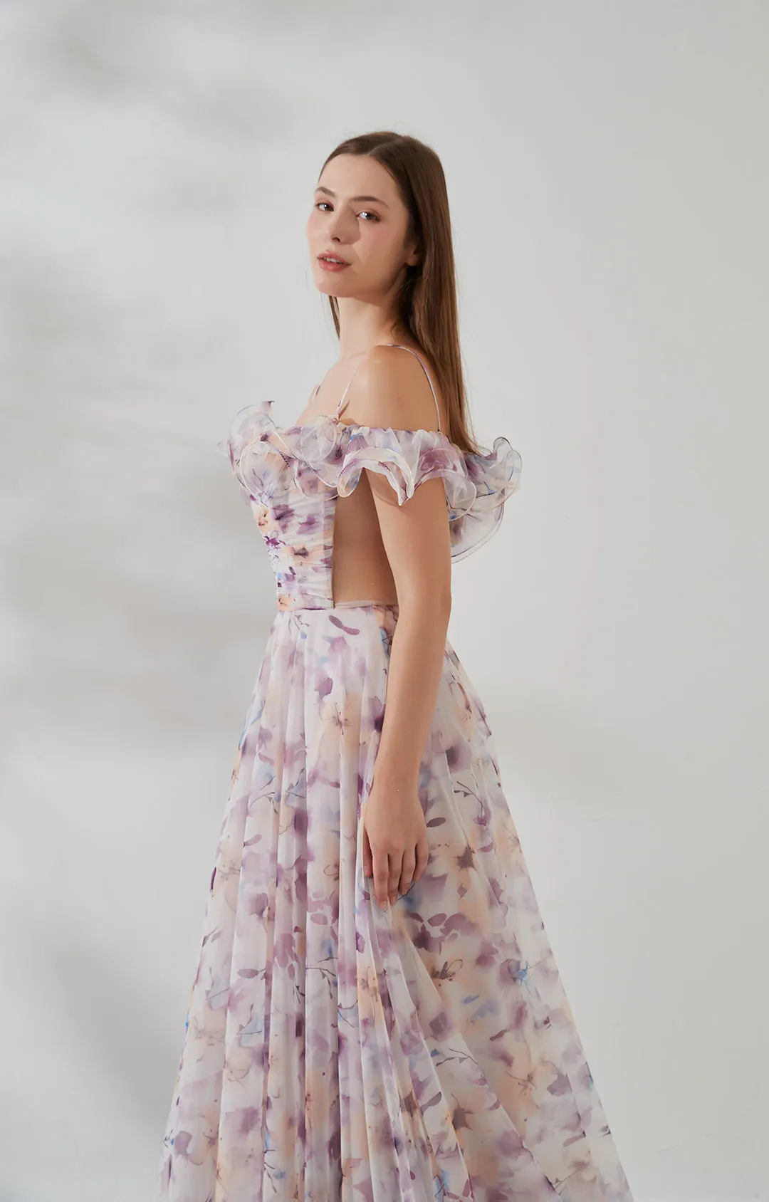 Off-shoulder Ruffle-trim Spaghetti Straps Sheer Side A-line Floral Print Dress