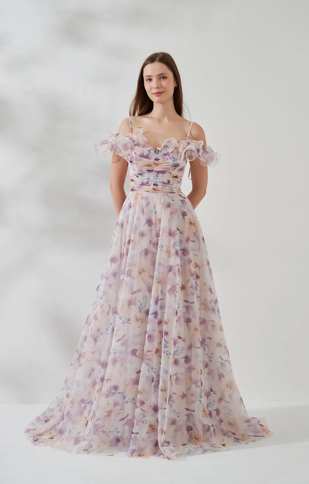 Off-shoulder Ruffle-trim Spaghetti Straps Sheer Side A-line Floral Print Dress