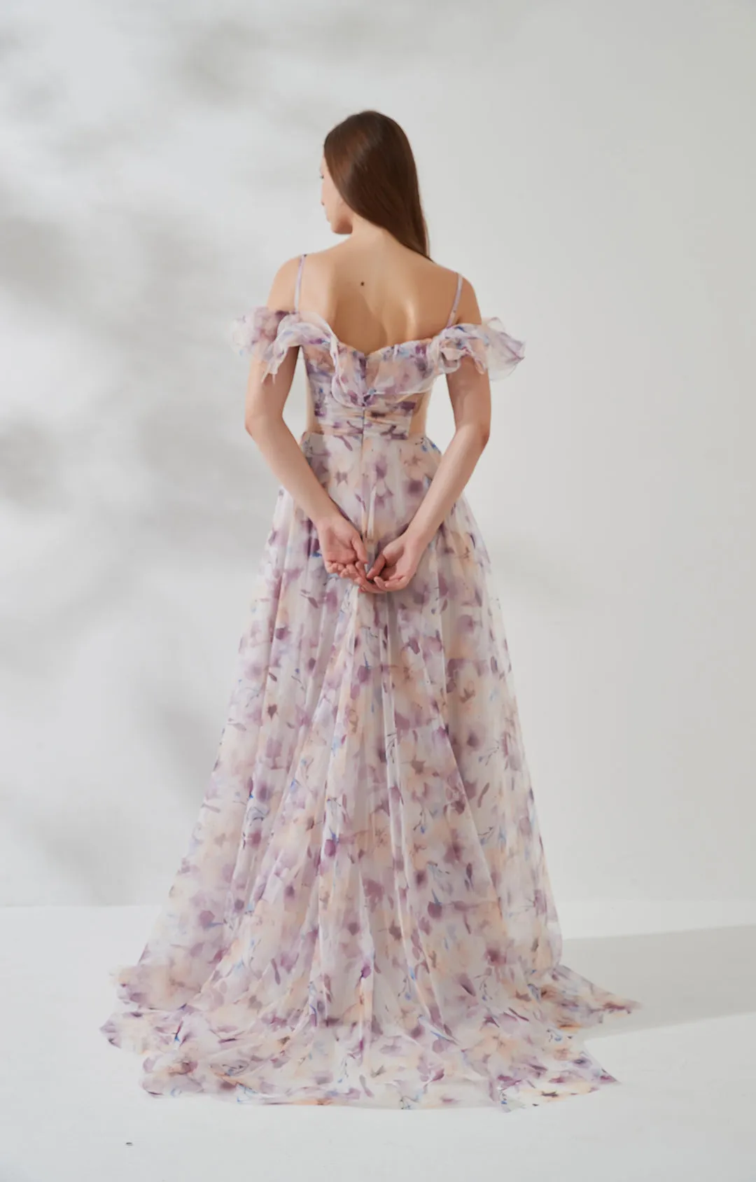 Off-shoulder Ruffle-trim Spaghetti Straps Sheer Side A-line Floral Print Dress