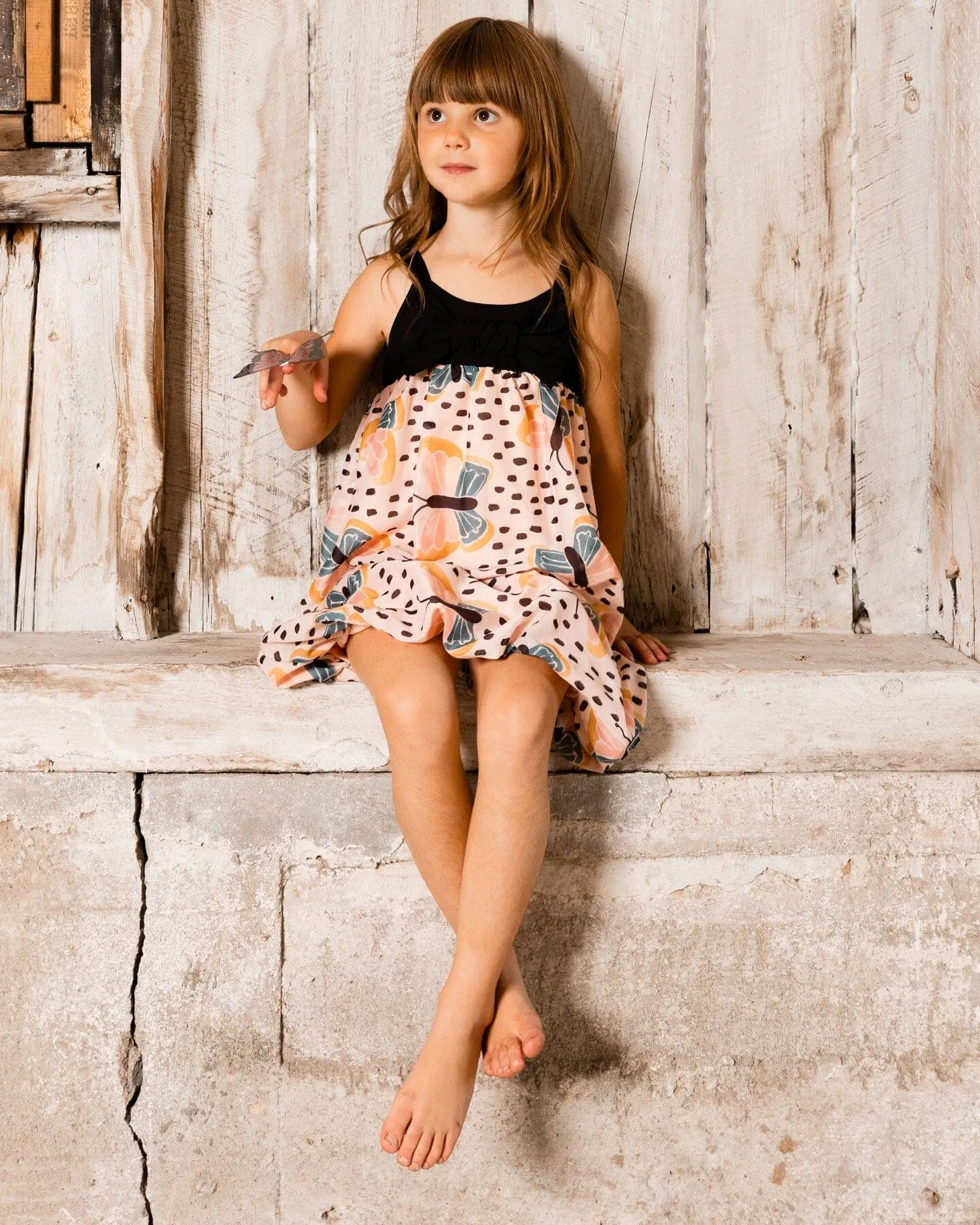 Printed Bubble Dress Black And Pink Butterflies