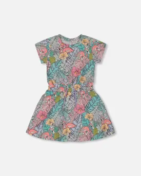 Printed French Terry Dress Lilac Tropical And Pink Flamingos