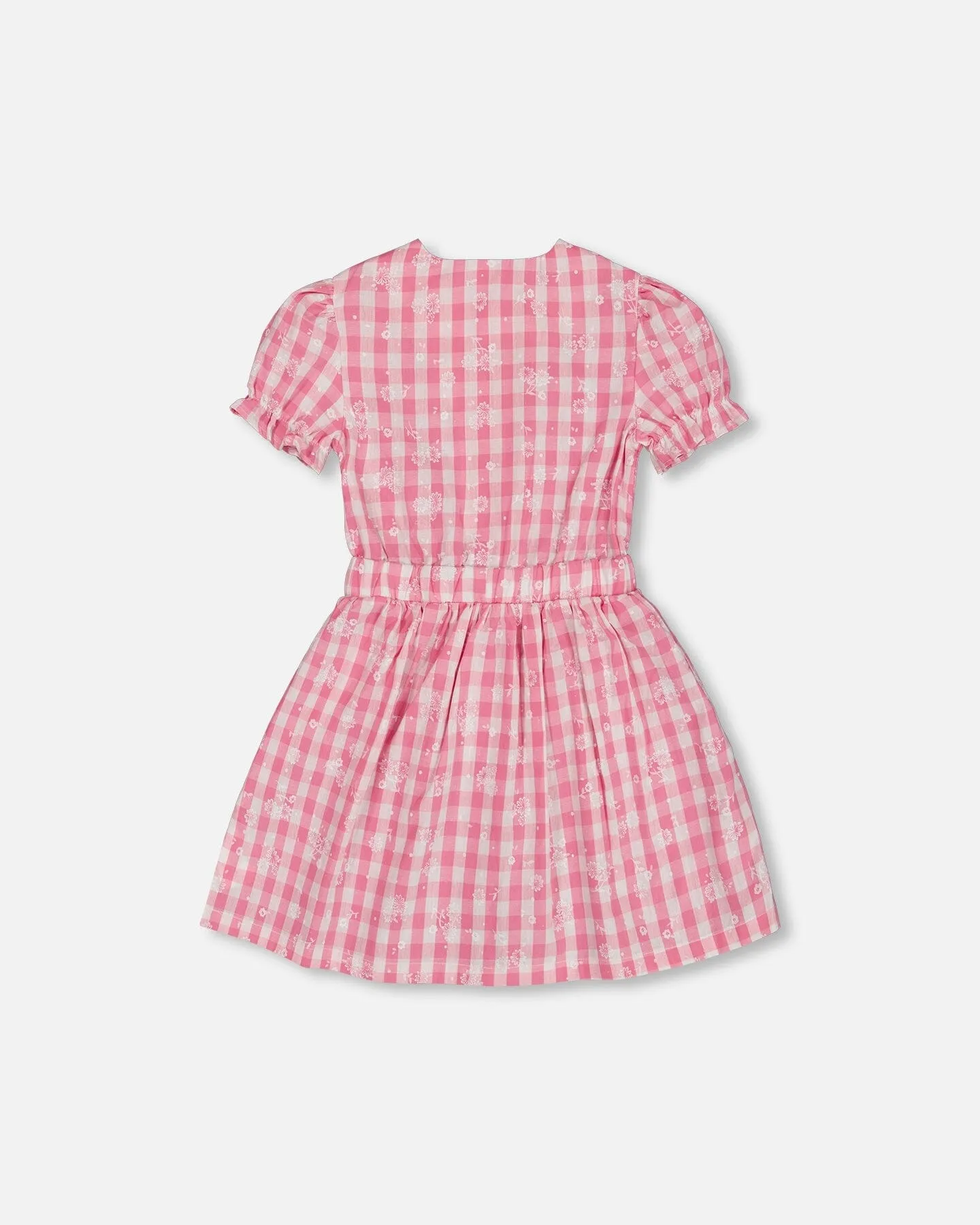 Puff Sleeve Dress With Waist Tie Pink And White Checks