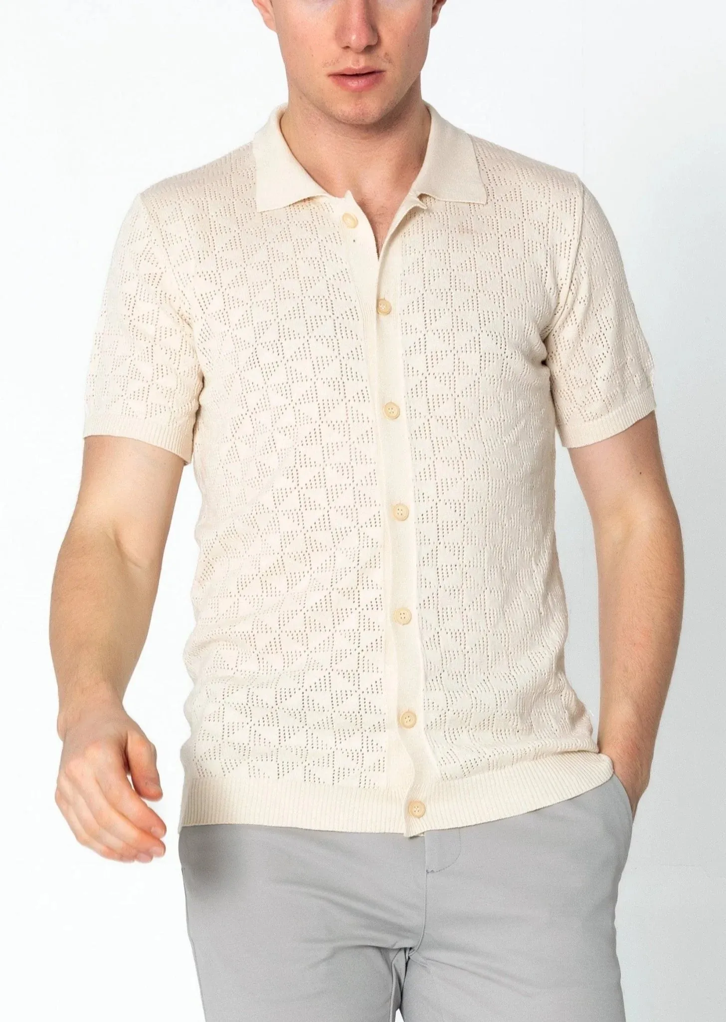 RNT23 Geometric crochet polo shirt beige