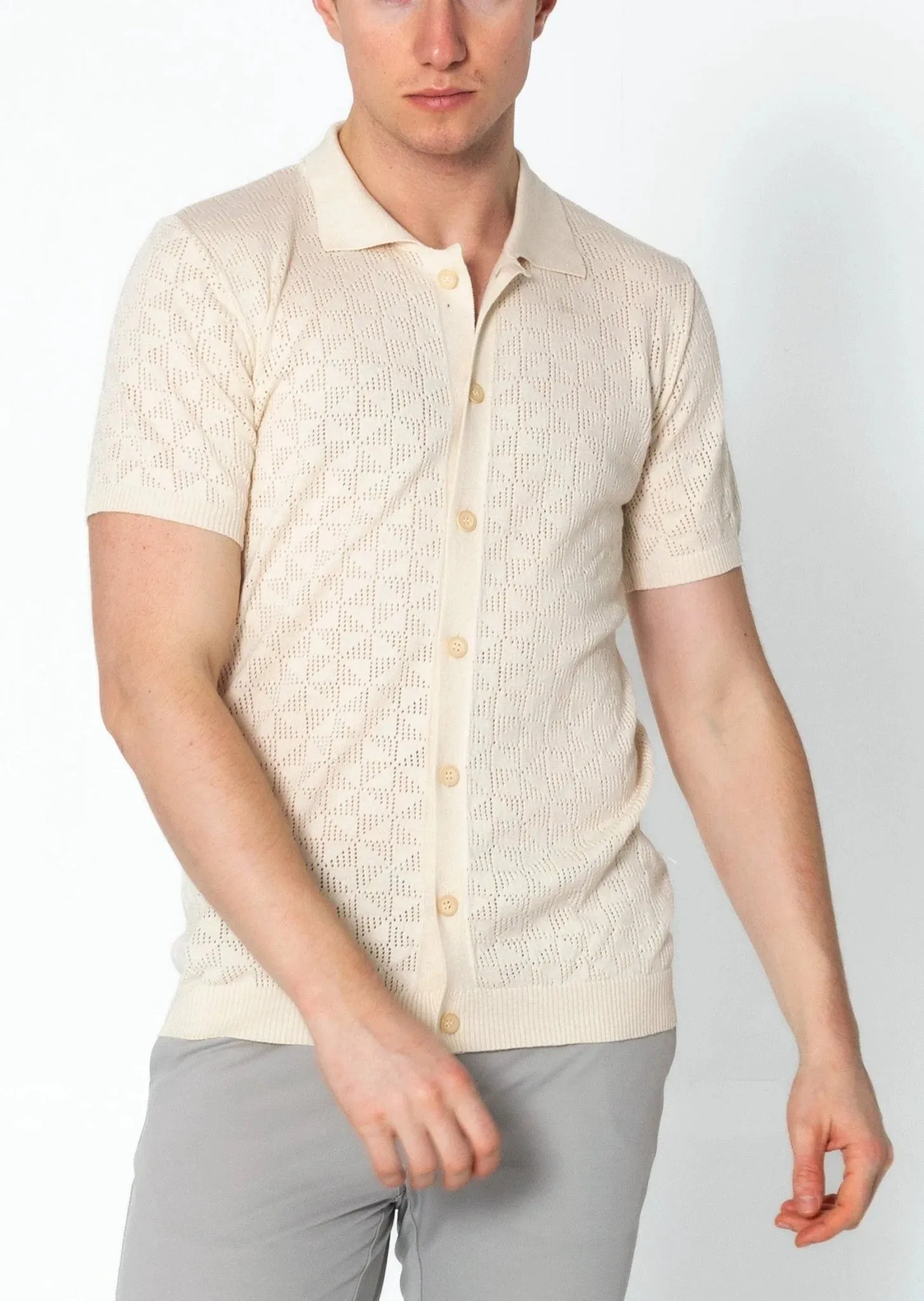 RNT23 Geometric crochet polo shirt beige