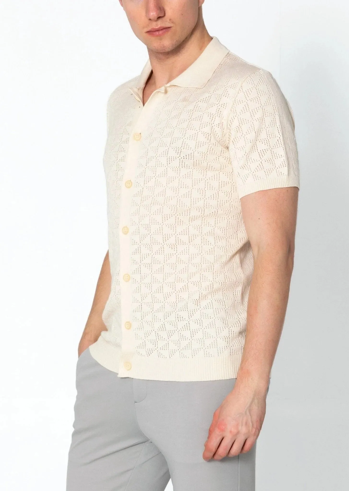 RNT23 Geometric crochet polo shirt beige