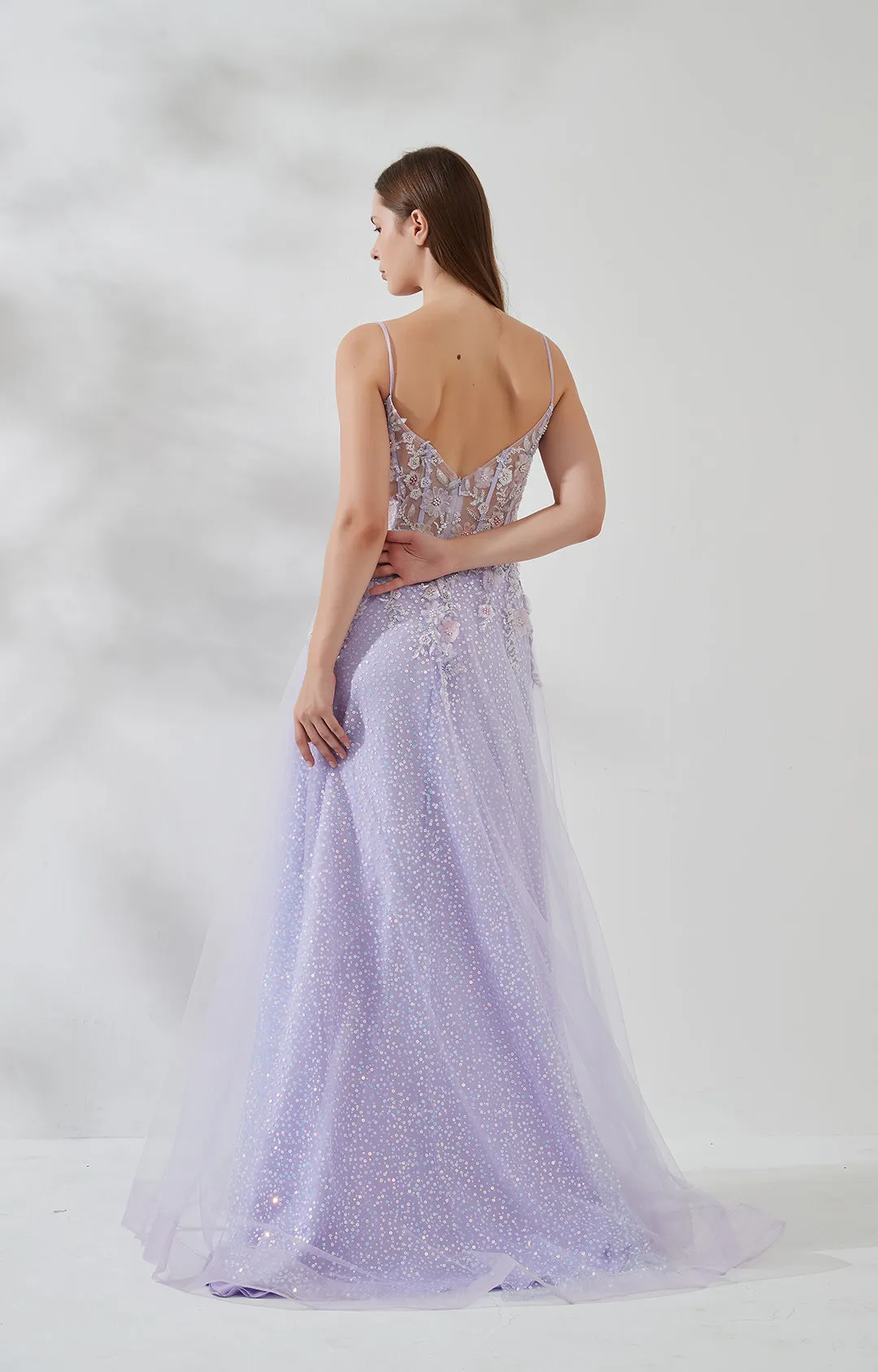 Spaghetti Straps 3D Flower Sequin Front Split Floor-length Prom Dress