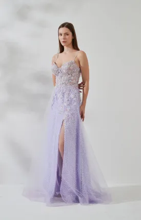 Spaghetti Straps 3D Flower Sequin Front Split Floor-length Prom Dress